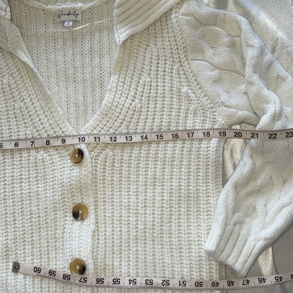 Wonderly Chunky Shawl Collar Cardigan White Cable Knit Sleeve Sweater Sz S - Picture 9 of 12